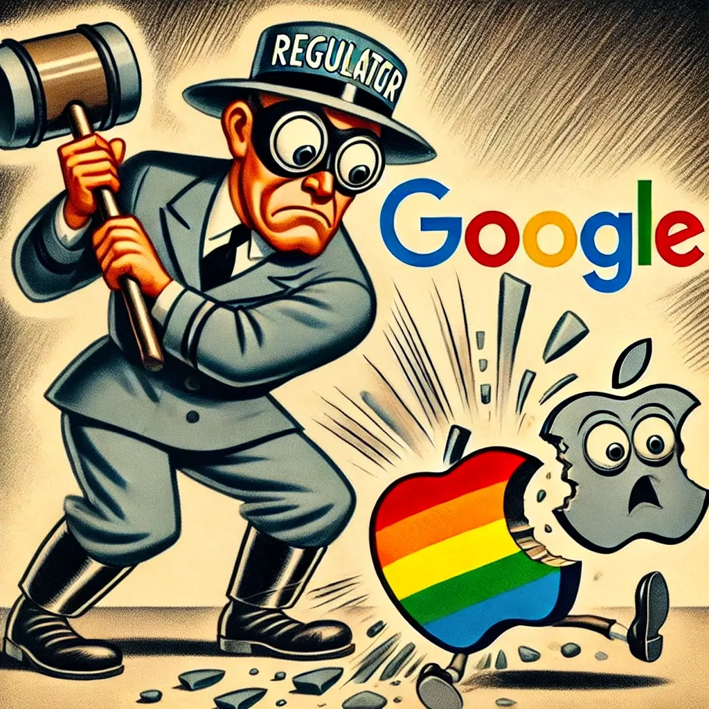 A vintage cartoon scene showing a regulator character in a suit wielding a large hammer, smashing down on the Google and Apple logos. The regulator is depicted with exaggerated features like large eyes and an intense expression, typical of 1940s-1950s cartoons. The Google logo is shown with a surprised expression, while the Apple logo looks scared. The logos appear to be anthropomorphized, reacting to the impact as they bounce off the ground. The entire scene is styled in a classic, vintage cartoon aesthetic with simple lines and a muted color palette.